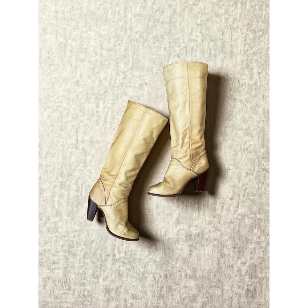 Vintage 70s Knee High Leather Boots | Tan Zodiac | Stacked Wood Heel | 6.5